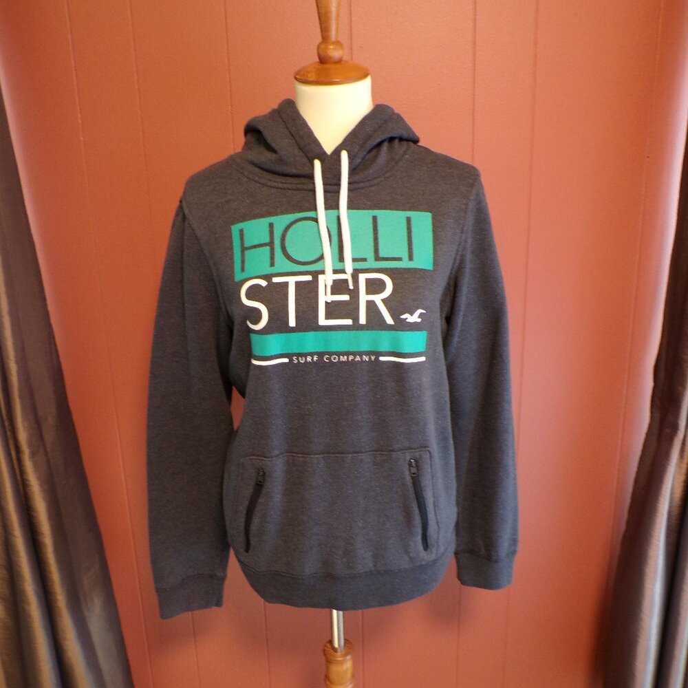 HOLLISTER Woman's Long Sleeve Pull Over Dark Gray Hoodie w/ Zipper Pockets Sz-S